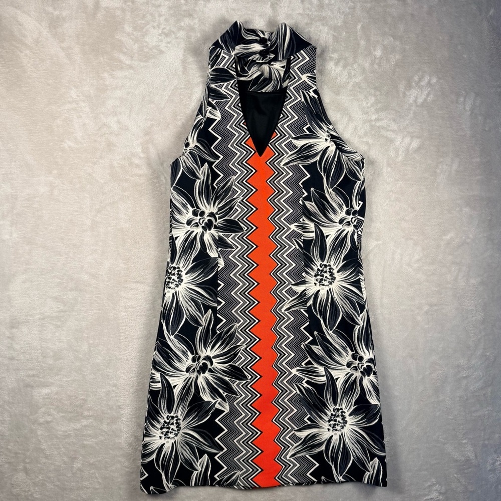 Milly Black White Floral Shift Dress Orange Accent High Neck Size 2 Made USA - Picture 2 of 11